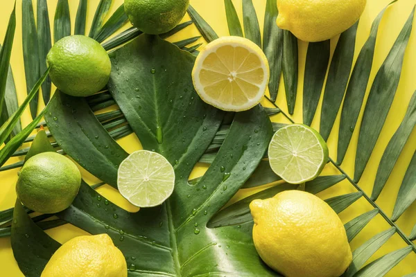 Tropical pattern of fruits, banana, lime, leaves palms on yellow. Top view. Summer vacation. Detox tour.