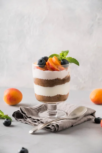 Postre de galleta de chocolate, queso crema adornado con albaricoque fresco en la mesa ligera. De cerca. . — Foto de Stock