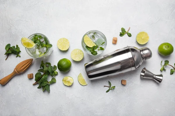 Mojito Cocktail Ingredients Lime Mint Shaker Jigger Grey Light Table — Stock Photo, Image