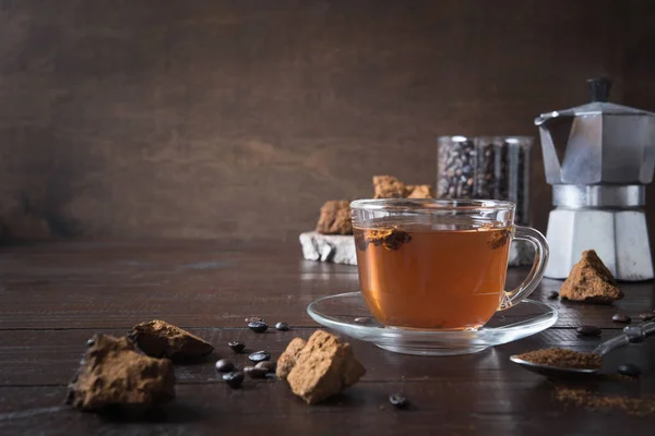 Organikus Chaga Gomba Kávé Üvegpohárban Kávéskannában Trendi Egészséges Tiszta Étkezési — Stock Fotó