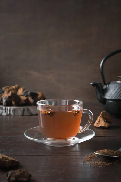 Organic Chaga Mushrooms Coffee Glass Cup Teapot Trendy Healthy Infusion — Stock Photo, Image