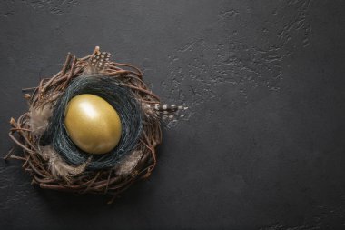 Yuvadaki tavuk altın yumurtası siyah üzerine. Paskalya karanlık arka planı. Üst görünüm ve kopyalama alanı.