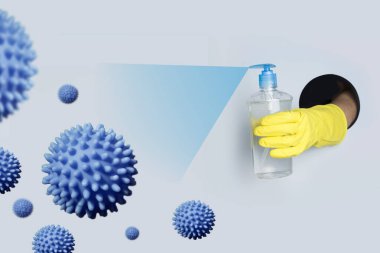 Eldivenli kadın, kağıt deliğinden virüs özel jelini dezenfekte ediyor. Coronavirus enfeksiyonuna karşı koruma. COVID-19.