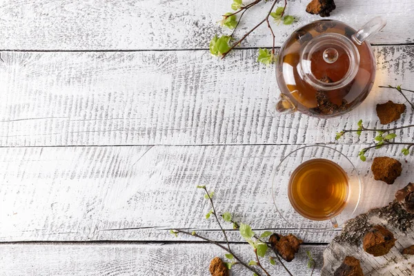 Chaga Mushrooms Infusion Glass Teapot White Wooden Board Useful Coffee — Stock Photo, Image