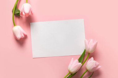 Pembe laleler ve boş boş boş pastel pembe arka plan için tezahürat. Kopyalama alanı olan üst görünüm. Tebrik kartı. Anneler Günü.