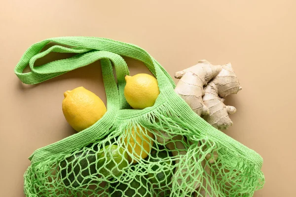 Bolsa Malla Verde Con Limón Jengibre Beige Natural Cero Residuos — Foto de Stock