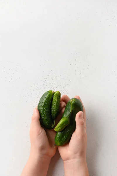 Pepino Anormal Orgánico Feo Manos Niños Sobre Fondo Blanco Cosecha — Foto de Stock