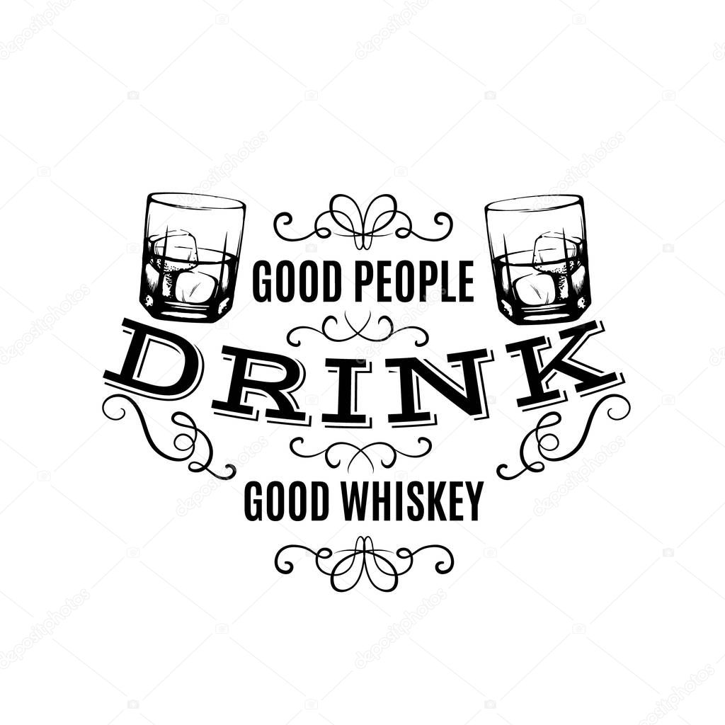 Vector quote typographical background about whiskey.Hand drawn sketch style illustration of glass with ice cube.  Template for business card poster and banner.