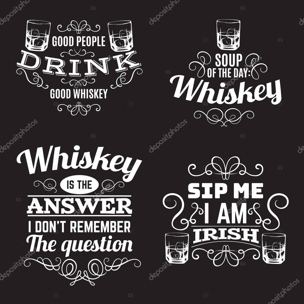 Vector set of quote typographical background about whiskey. Hand drawn sketch style illustration of glass with ice cube. Template for business card poster and banner.