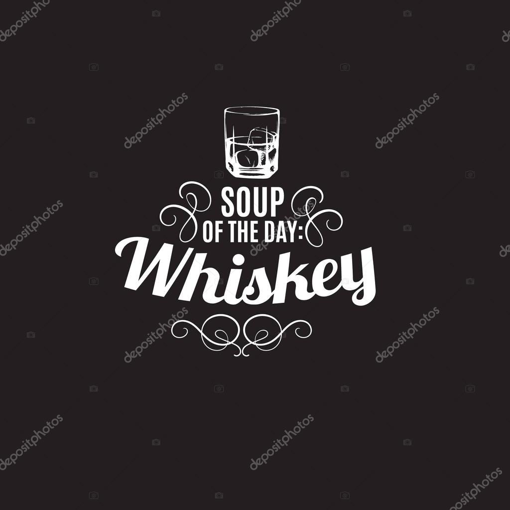 Vector quote typographical background about whiskey. Hand drawn sketch style illustration of glass with ice cube. Template for business card poster and banner.