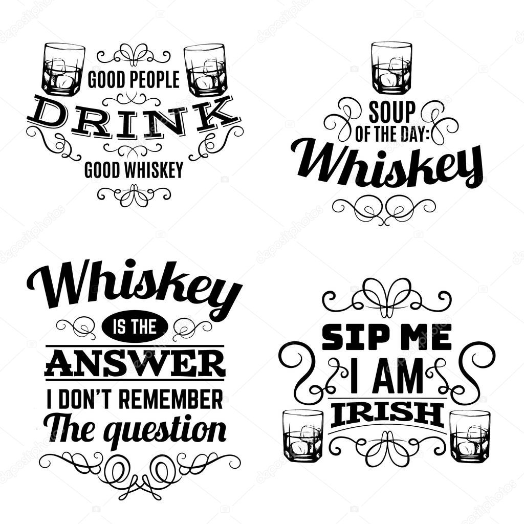 Vector set of quote typographical background about whiskey. Hand drawn sketch style illustration of glass with ice cube. Template for business card poster and banner.