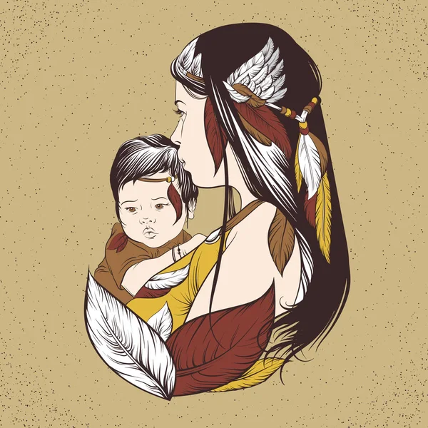 Ilustración vectorial de mujer skvo con niño y pluma . — Archivo Imágenes Vectoriales