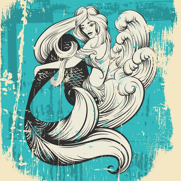 Arte marino con hermosa sirena flaca — Vector de stock
