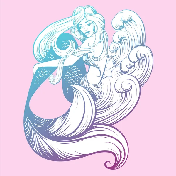 Arte marino con hermosa sirena flaca — Vector de stock