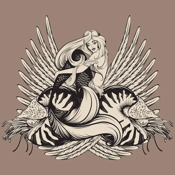 Vektorillustration der schönen Meerjungfrau mit Nautilus — Stockvektor