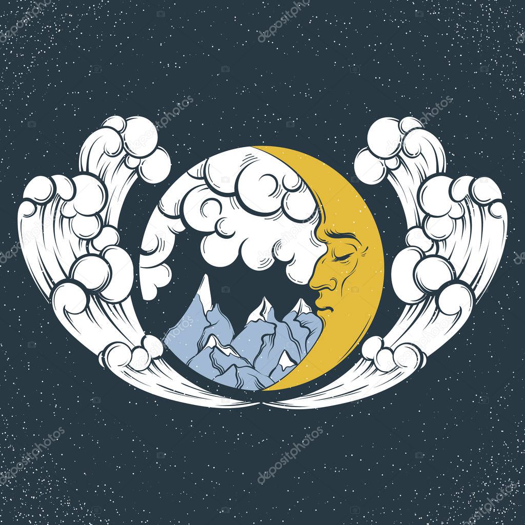Vector hand drawn illustration of landscape with moon