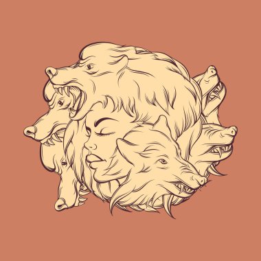 Genç güzel kız öfkeli wolf's namlu ile vektör çizim. 