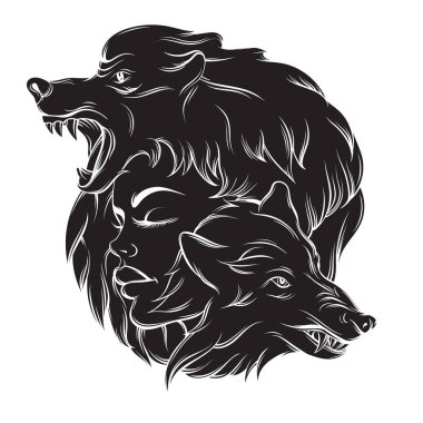 Genç güzel kız öfkeli wolf's namlu ile vektör çizim.