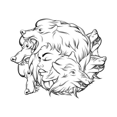 Genç güzel kız öfkeli wolf's namlu ile vektör çizim.