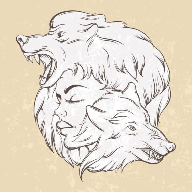 Genç güzel kız öfkeli wolf's namlu ile vektör çizim.