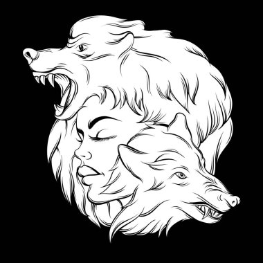 Genç güzel kız öfkeli wolf's namlu ile vektör çizim.