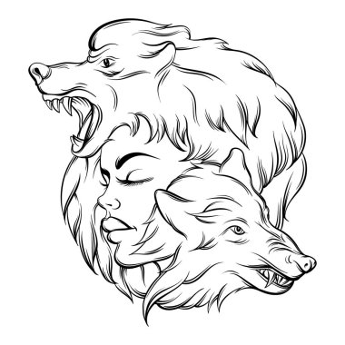 Genç güzel kız öfkeli wolf's namlu ile vektör çizim.