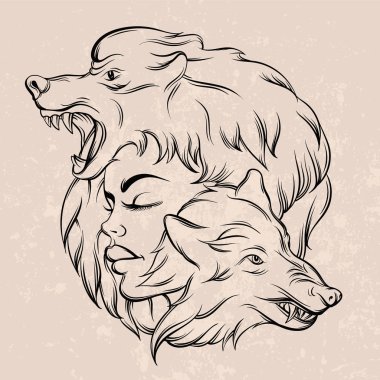 Genç güzel kız öfkeli wolf's namlu ile vektör çizim.