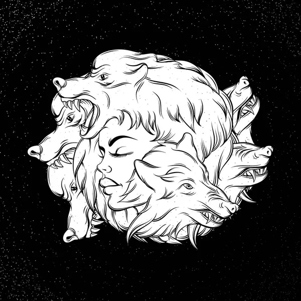 Illustration vectorielle de jeune belle fille avec muselière de loup en colère . — Image vectorielle