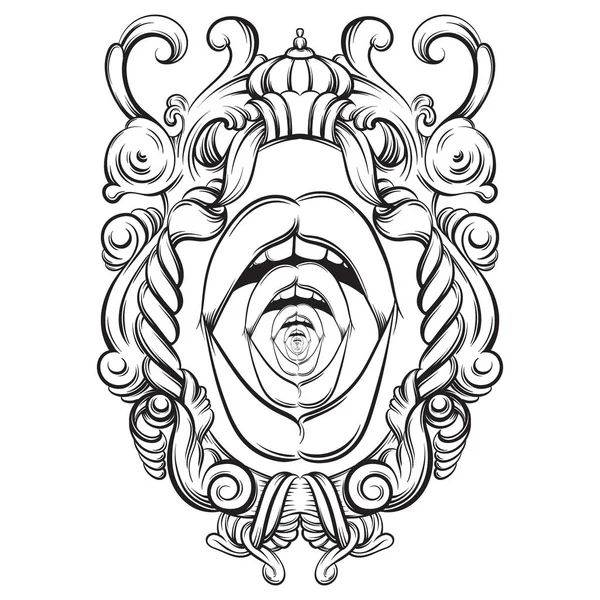 Kadın ağzına barogue çerçeve yaratıcı vektör çizim.