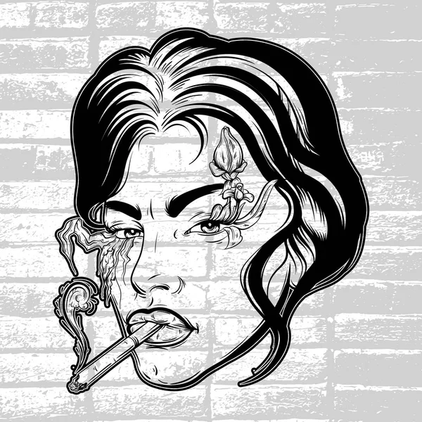 Vektor potret wanita muda dengan rokok - Stok Vektor