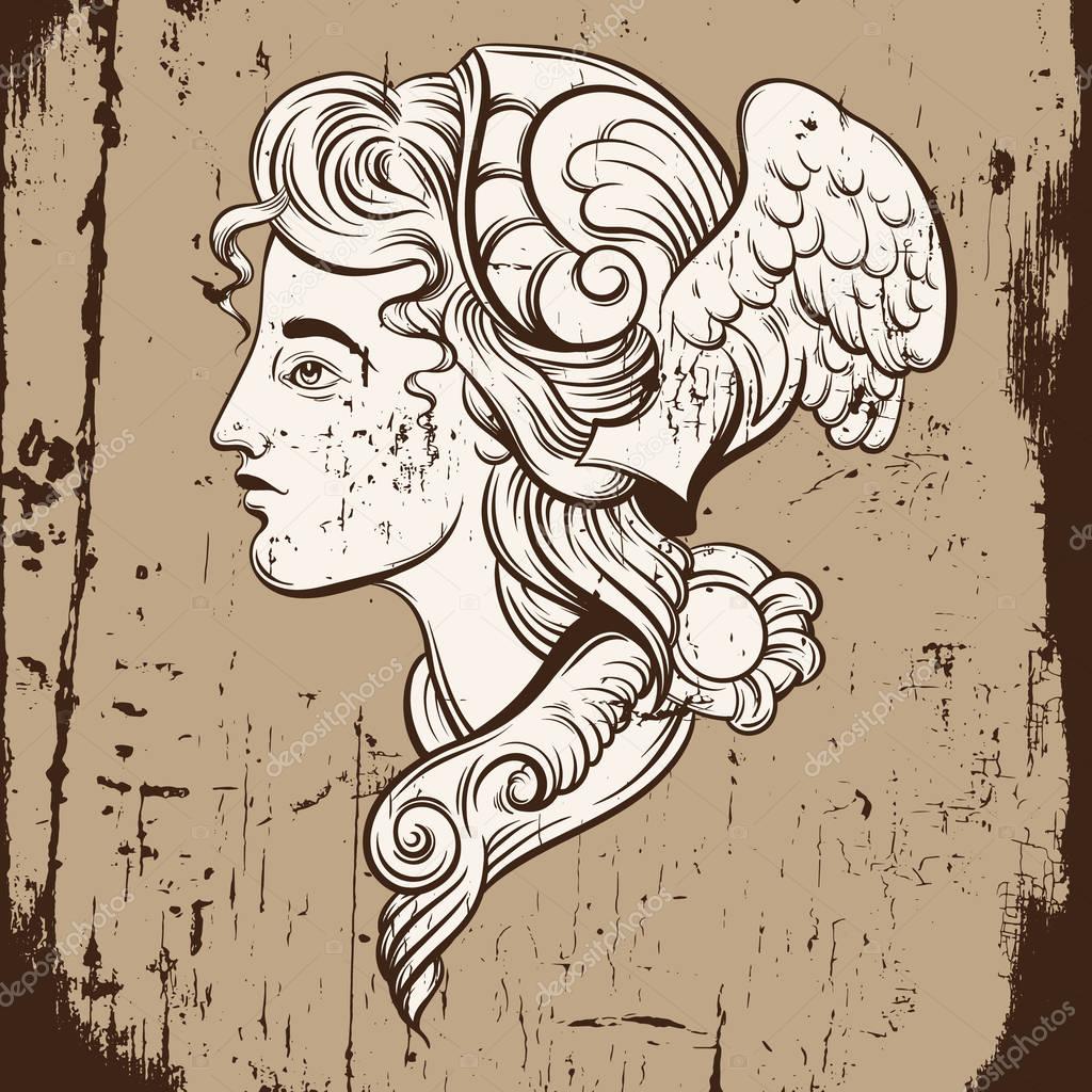 Vector illustration of Hermes. Hand drawn artwork with portrait of Hermes with wings and decorative elements. Template for card, poster, banner, print for t-shirt.