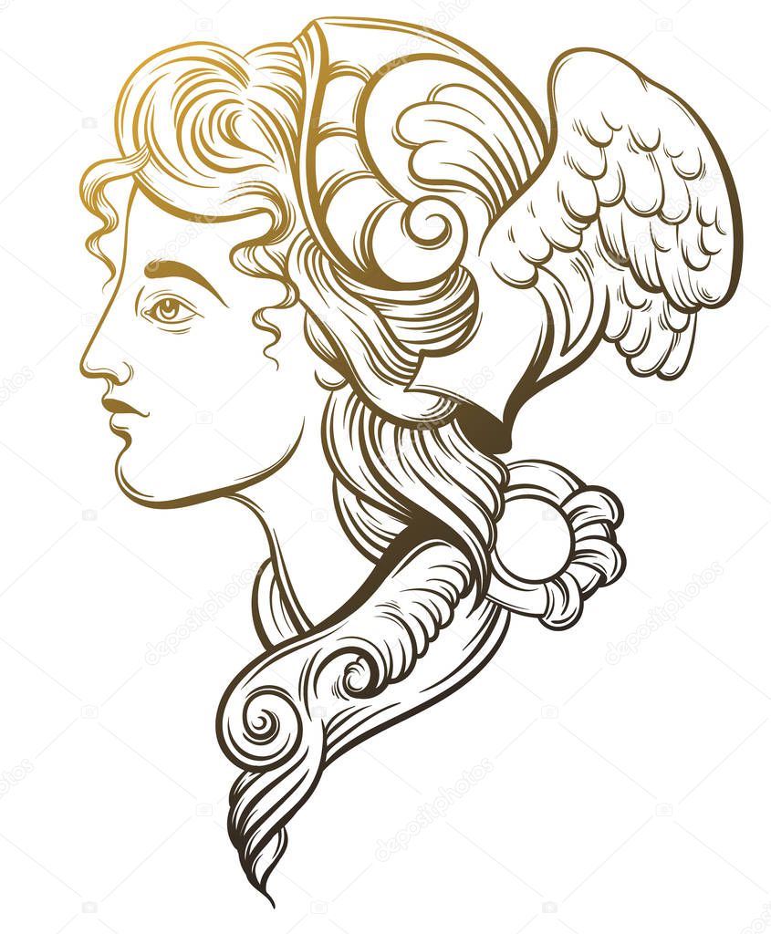 Vector illustration of Hermes. Hand drawn artwork with portrait of Hermes with wings and decorative elements. Template for card, poster, banner, print for t-shirt.