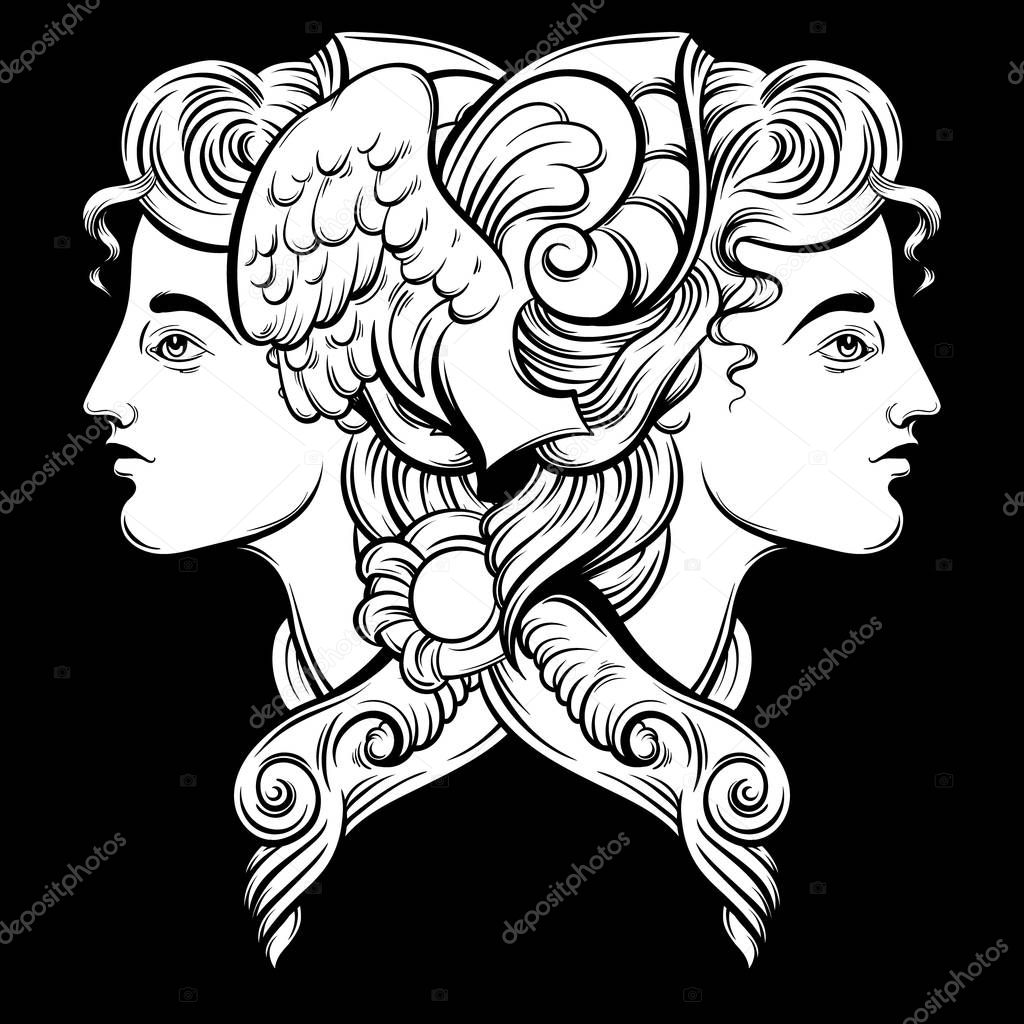 Vector illustration of Hermes. Hand drawn artwork with portrait of Hermes with wings and decorative elements. Template for card, poster, banner, print for t-shirt.