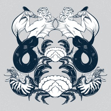 Vektör el triton, yumuşakça Nautilus, Yengeç gerçekçi çizgi stili olarak çizilmiş çizimi.