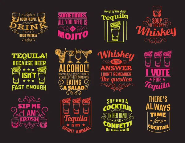 Colección vectorial de citas antecedentes tipográficos sobre whisky, tequila, cócteles alcohólicos . — Vector de stock