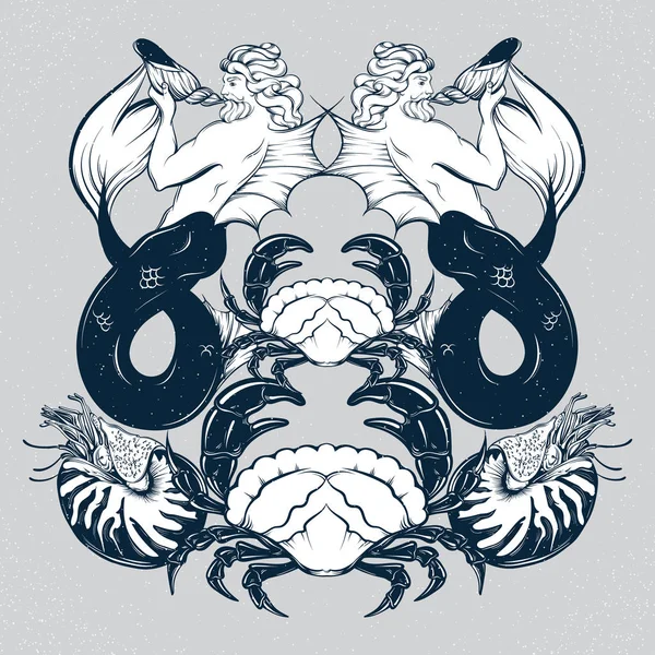 Vector ilustración dibujada a mano de tritón, molusco Nautilus, cangrejo en estilo de línea realista . — Vector de stock