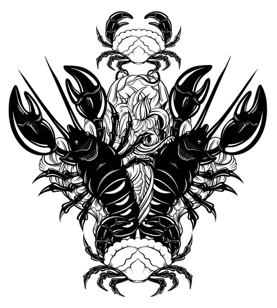 Illustration vectorielle dessinée à la main du homard et du crabe dans un style réaliste isolé — Image vectorielle