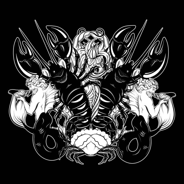 Векторная ручная иллюстрация тритона, моллюска Nautilus, краба в реалистичном стиле линии
.