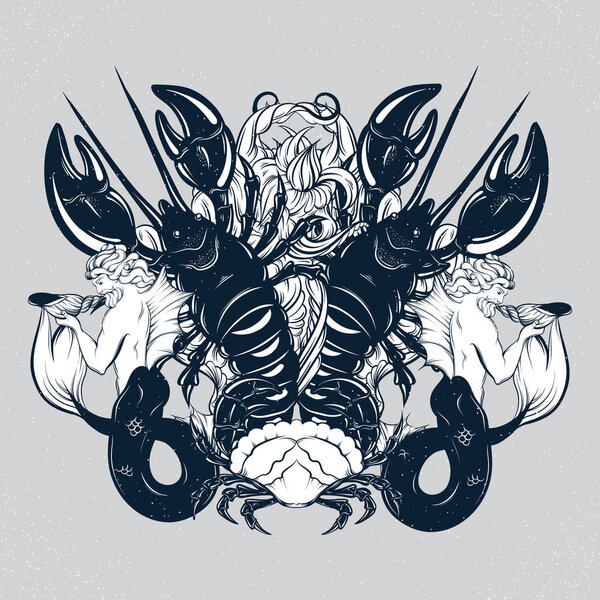 Векторная ручная иллюстрация тритона, моллюска Nautilus, краба в реалистичном стиле линии
.