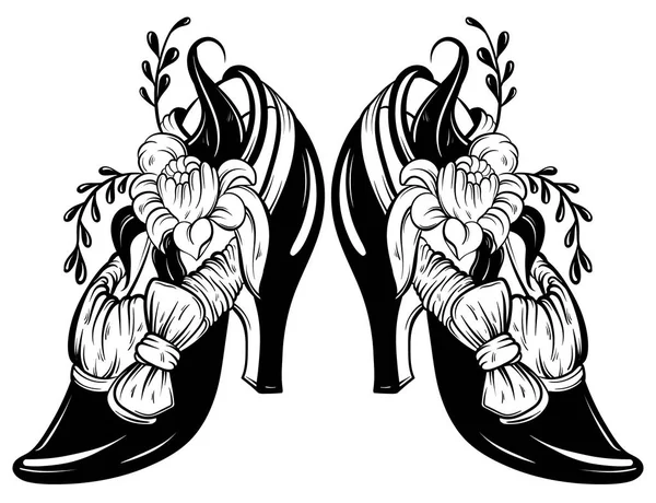 Illustration vectorielle de chaussure femme avec fleurs et noeud . — Image vectorielle