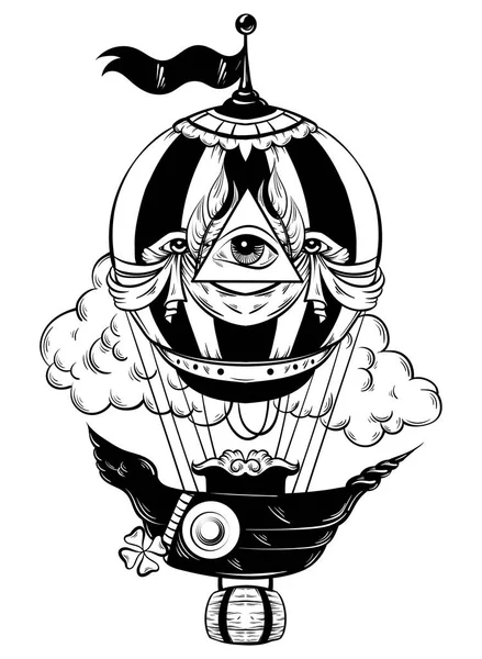 Vektör el hava balonu bulutlar ile çizilmiş çizimi. 