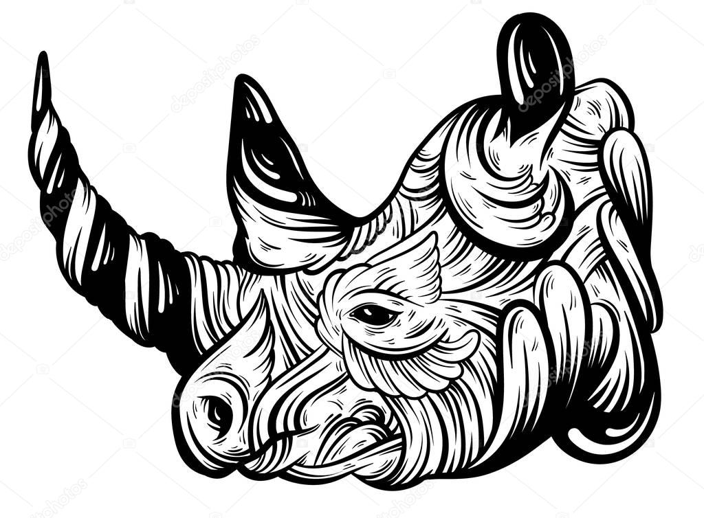 Vector hand drawn  illustration of rhino with decorative elements.