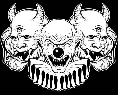 Vector hand drawn illustration of angry clown and daemon. vector Vector hand drawn illustration of angry clown and daemon. vector