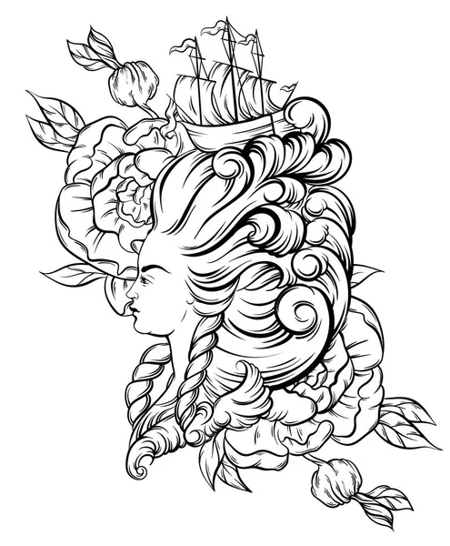 Ilustração vetorial da cabeça da mulher com belo penteado com navio e ondas . —  Vetores de Stock