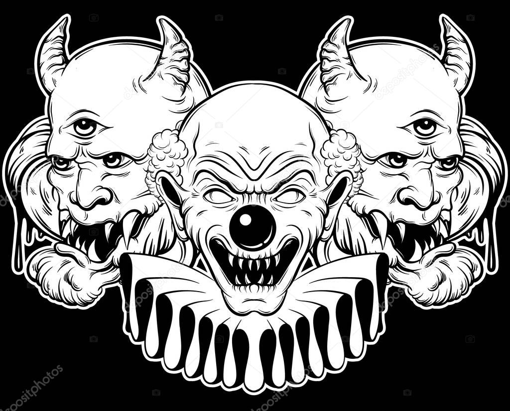 Vector hand drawn  illustration of angry clown and daemon.