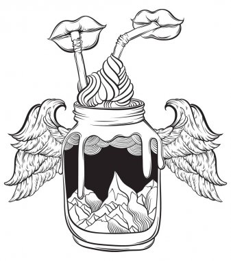 Vektör el Bankası Peyzaj ve dudakları ile çizilen illüstrasyon