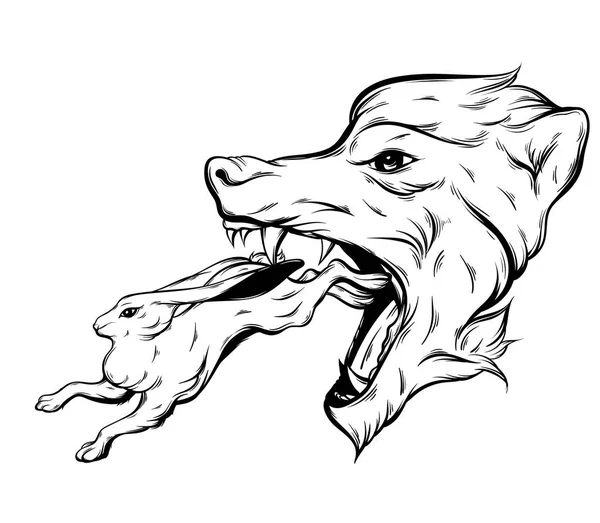 Διάνυσμα χέρι συρμένη απεικόνιση του κουνελιού και μεγάλο κεφάλι θυμωμένος λύκος. — Διανυσματικό Αρχείο
