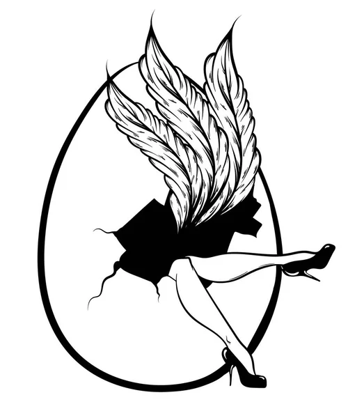 Illustration vectorielle dessinée à la main des jambes de femme et un énorme œuf avec des plumes . — Image vectorielle