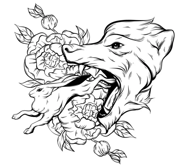 Vector ilustración dibujada a mano de conejo y cabeza grande de lobo enojado . — Archivo Imágenes Vectoriales
