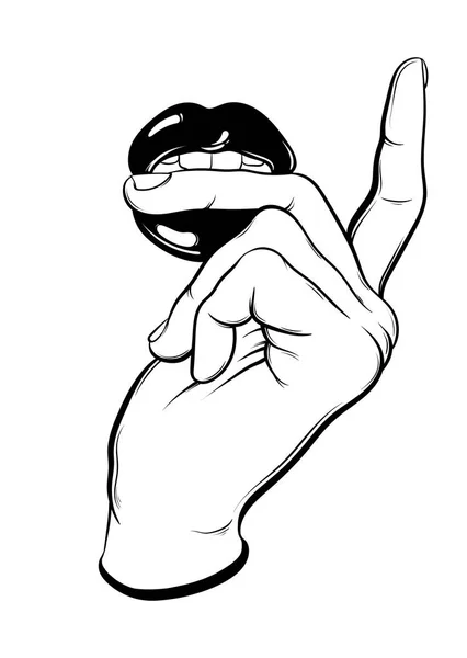 ベクトル手指をかむ女性口の描き下ろしイラスト. — ストックベクタ